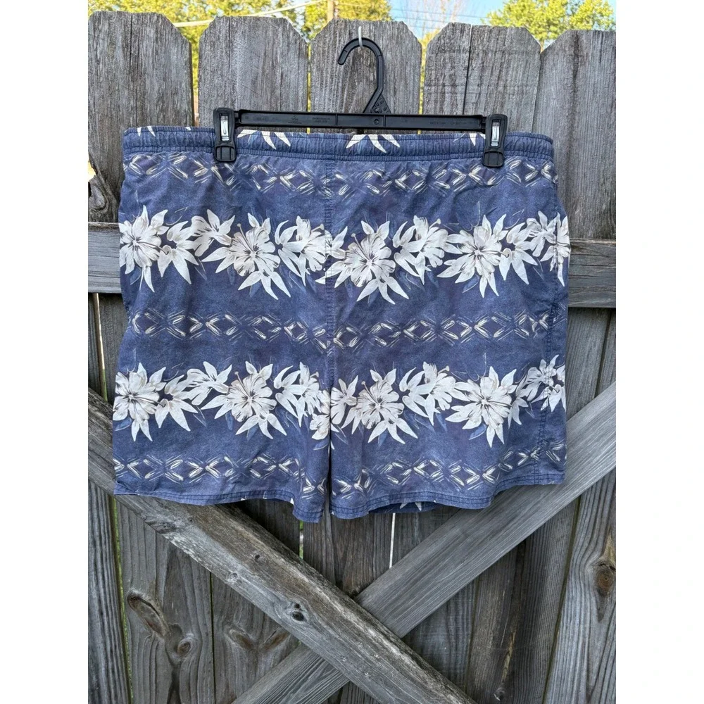 R&Y Sport Mens XL Blue Floral Hibiscus Swim Trunks Mesh Lined Cotton Shorts